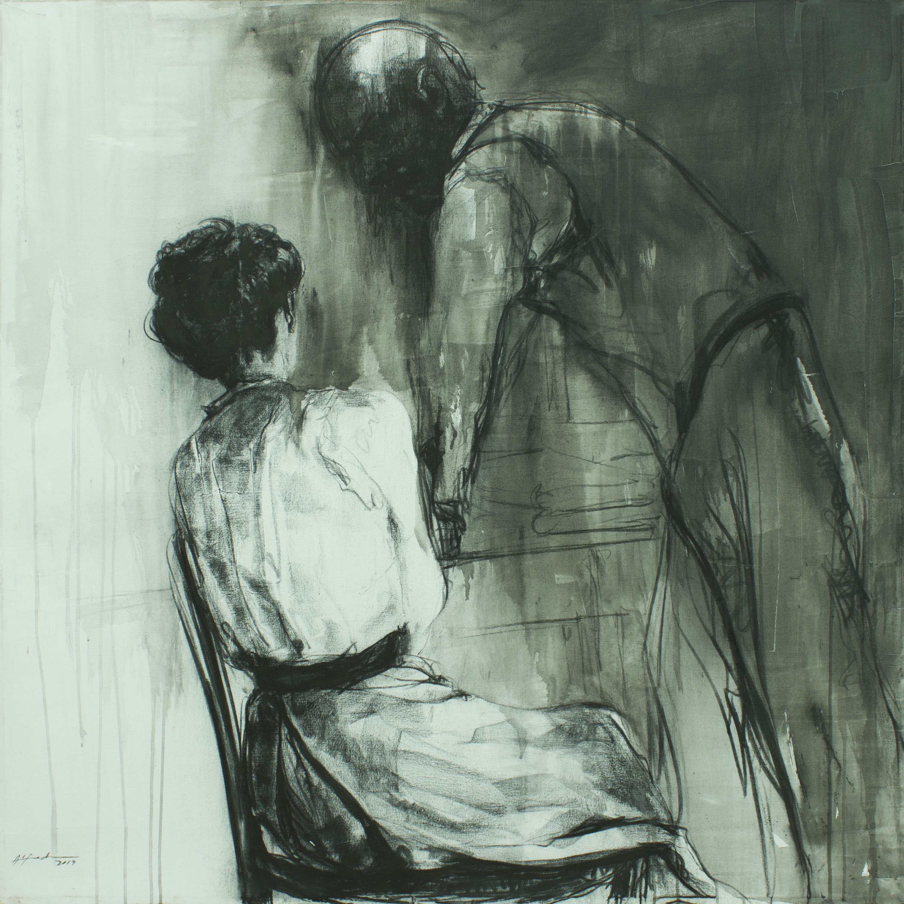 Sobre el escritorio. 2018. 130 x130 cm. Carbón sobre lienzo.